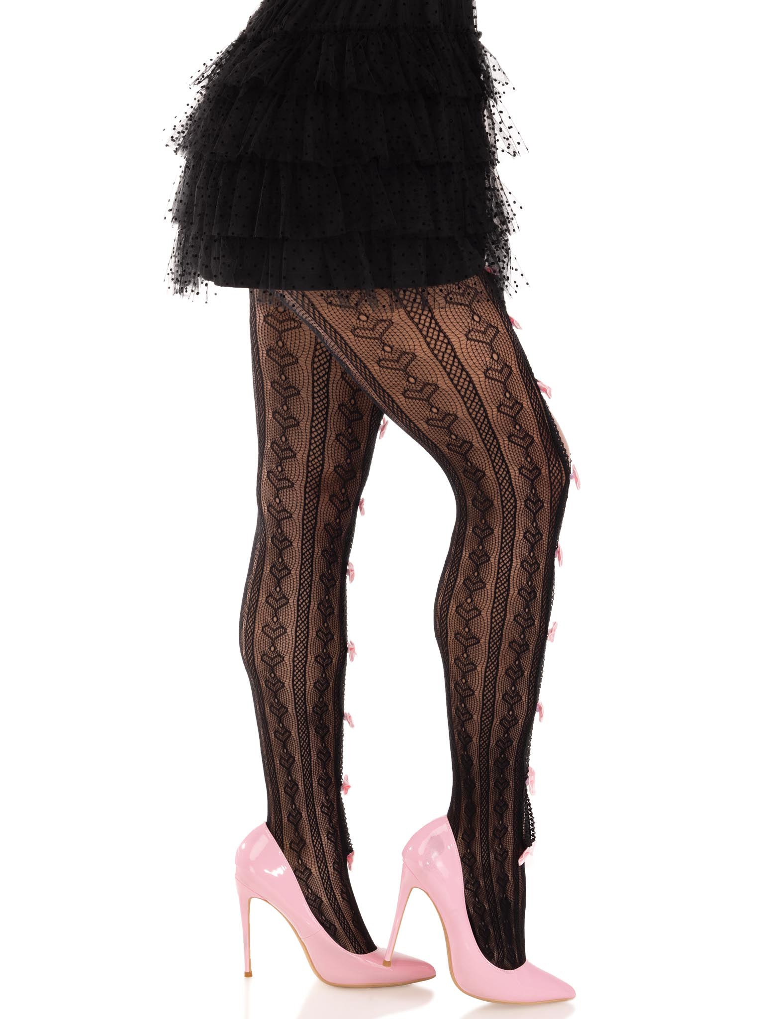 Sweetheart Striped Net Tights With Keyhole and Mini Bow Detail - One Size - Black | 714718570457 | Available at EroticWarehouse.com