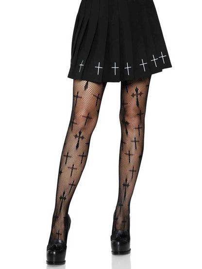 Worship Me Cross Net Tights - 1x/2x - Black | 714718525402 | Available at EroticWarehouse.com