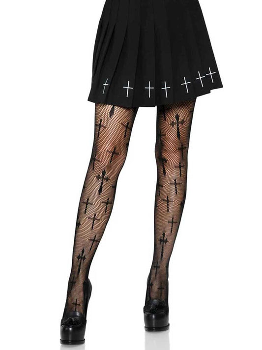 Worship Me Cross Net Tights - 1x/2x - Black | 714718525402 | Available at EroticWarehouse.com