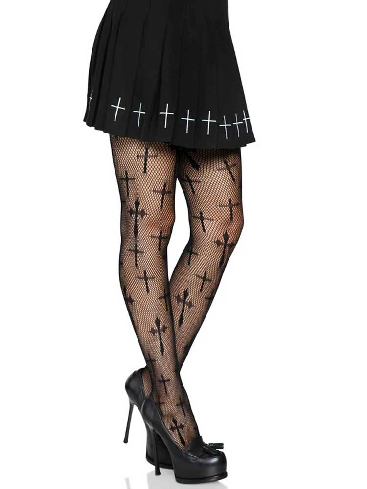 Worship Me Cross Net Tights - 1x/2x - Black | 714718525402 | Available at EroticWarehouse.com