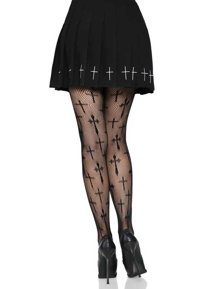 Worship Me Cross Net Tights - 1x/2x - Black | 714718525402 | Available at EroticWarehouse.com
