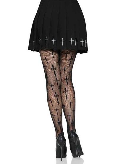 Worship Me Cross Net Tights - 1x/2x - Black | 714718525402 | Available at EroticWarehouse.com