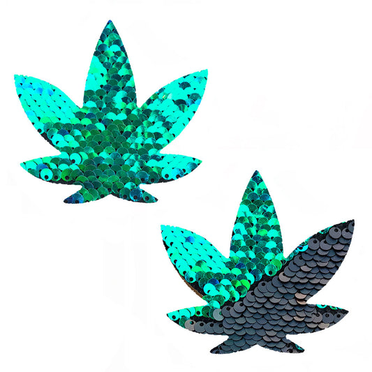 Ariel - Green to Black Flip Sequin Gold Dope Af Weed Leaf Pasties | 459235927444 | Available at EroticWarehouse.com