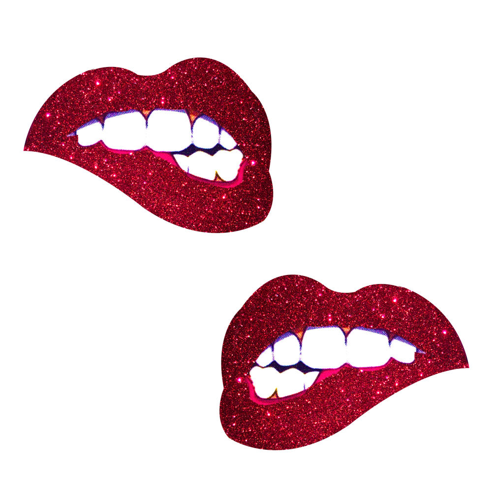 Freaking Awesome Red Glitter Bite Me Nipztix Pasties | 045923590733 | Available at EroticWarehouse.com