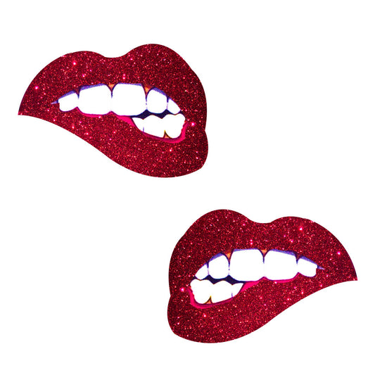 Freaking Awesome Red Glitter Bite Me Nipztix Pasties | 045923590733 | Available at EroticWarehouse.com