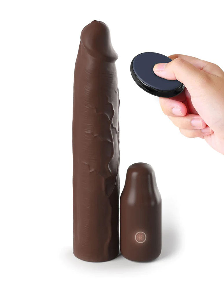 Fantasy X-Tensions Elite 9 Inch Sleeve Vibrating 3 Inch Plug With Remote - Brown | 603912773613 | Available at EroticWarehouse.com