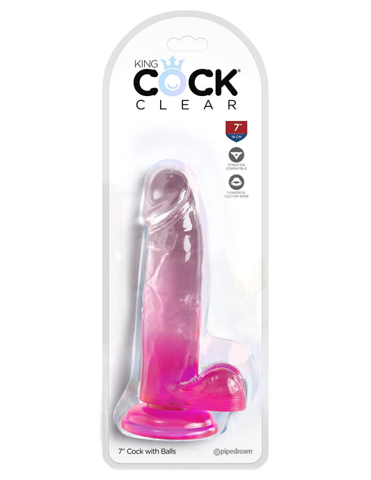 King Cock Clear 7 Inch With Balls - Pink | 603912774979 | Available at EroticWarehouse.com