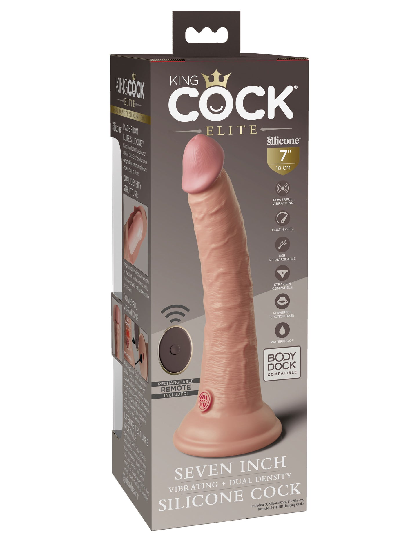 King Cock Elite 7 Inch Vibrating Silicone Dual Density Cock With Remote - Light | 603912769401 | Available at EroticWarehouse.com