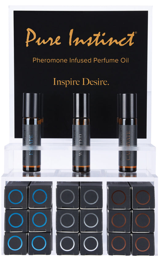 Pure Instinct Pheromone Infused Perfume Oil Men Acrylic Cube Display with Testers (22 Pcs) | 638258906517 | Available at EroticWarehouse.com