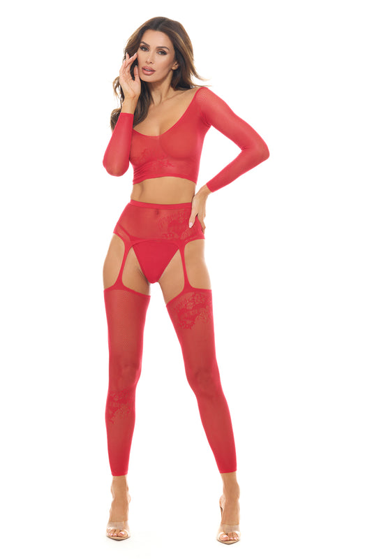 Permanent Mark Long Sleeve Top and Garter Bodystocking Red - Os | 198441043806 | Available at EroticWarehouse.com