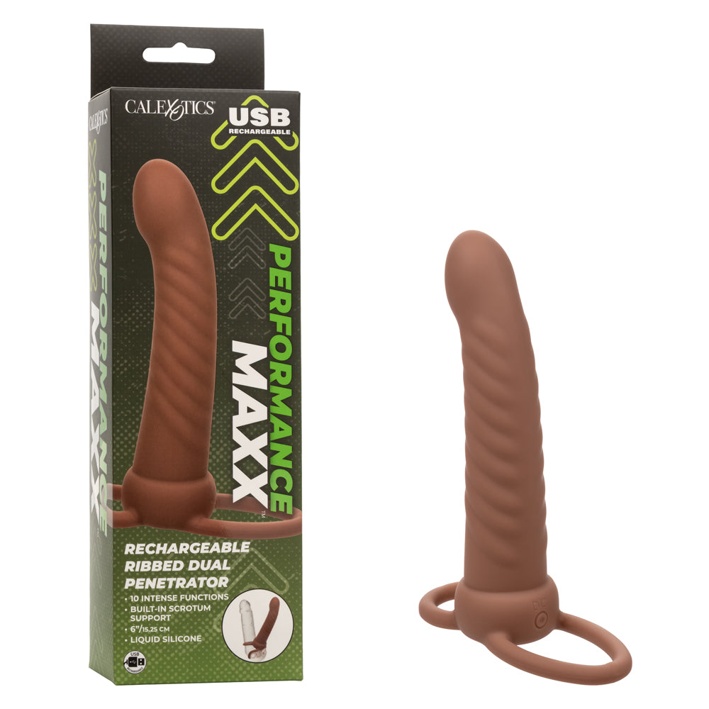 Performance Maxx Rechargeable Ribbed Dual Penetrator - Brown | 716770109323 | Available at EroticWarehouse.com