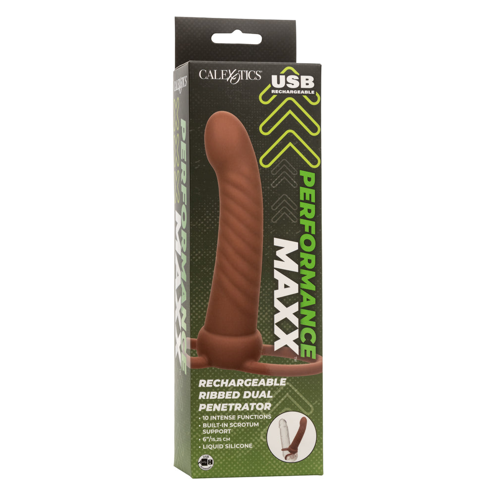 Performance Maxx Rechargeable Ribbed Dual Penetrator - Brown | 716770109323 | Available at EroticWarehouse.com