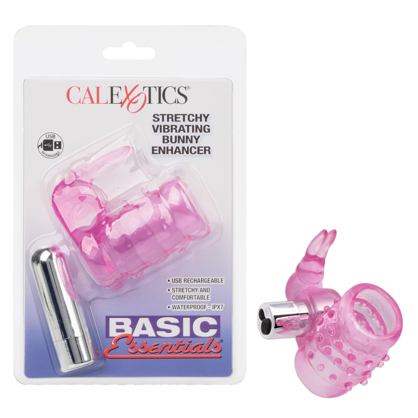 Basic Essentials Stretchy Vibrating Bunny Enhancer - Pink Rechargeable | 716770067395 | Available at EroticWarehouse.com
