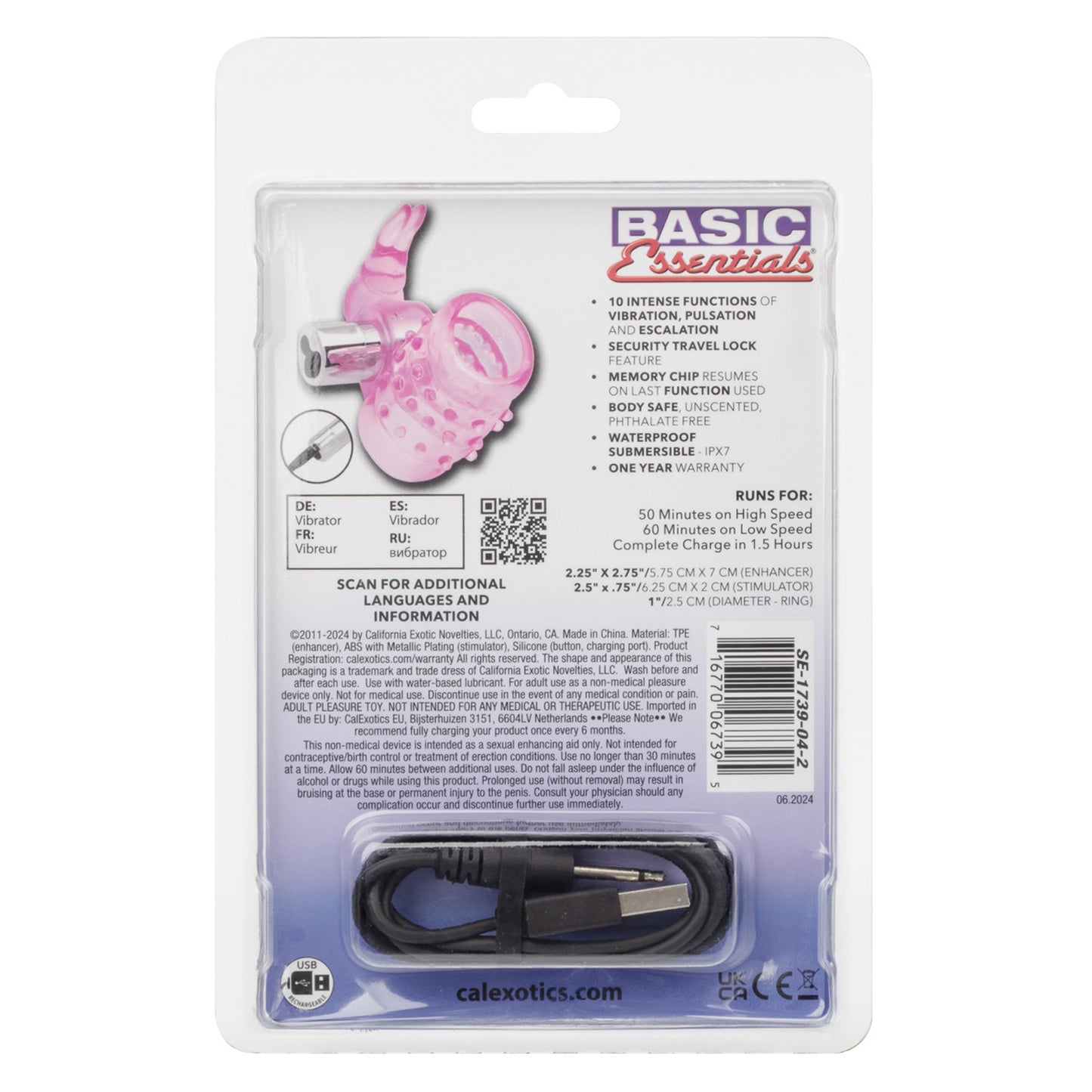 Basic Essentials Stretchy Vibrating Bunny Enhancer - Pink Rechargeable | 716770067395 | Available at EroticWarehouse.com