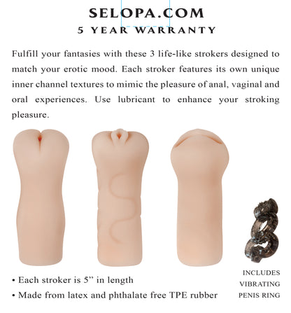 Selopa - Party Pack - Pussy, Ass, Mouth Style Strokers - 3 Pack - Light | 844477023489 | Available at EroticWarehouse.com