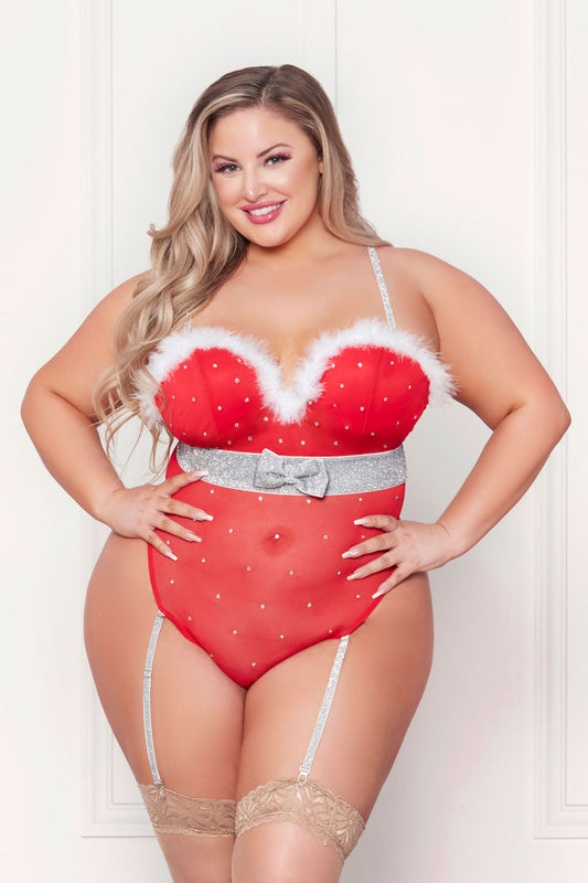 Rhinestone Studded Mesh Teddy With Marabou Trim - X-Large - Red | 840091731120 | Available at EroticWarehouse.com