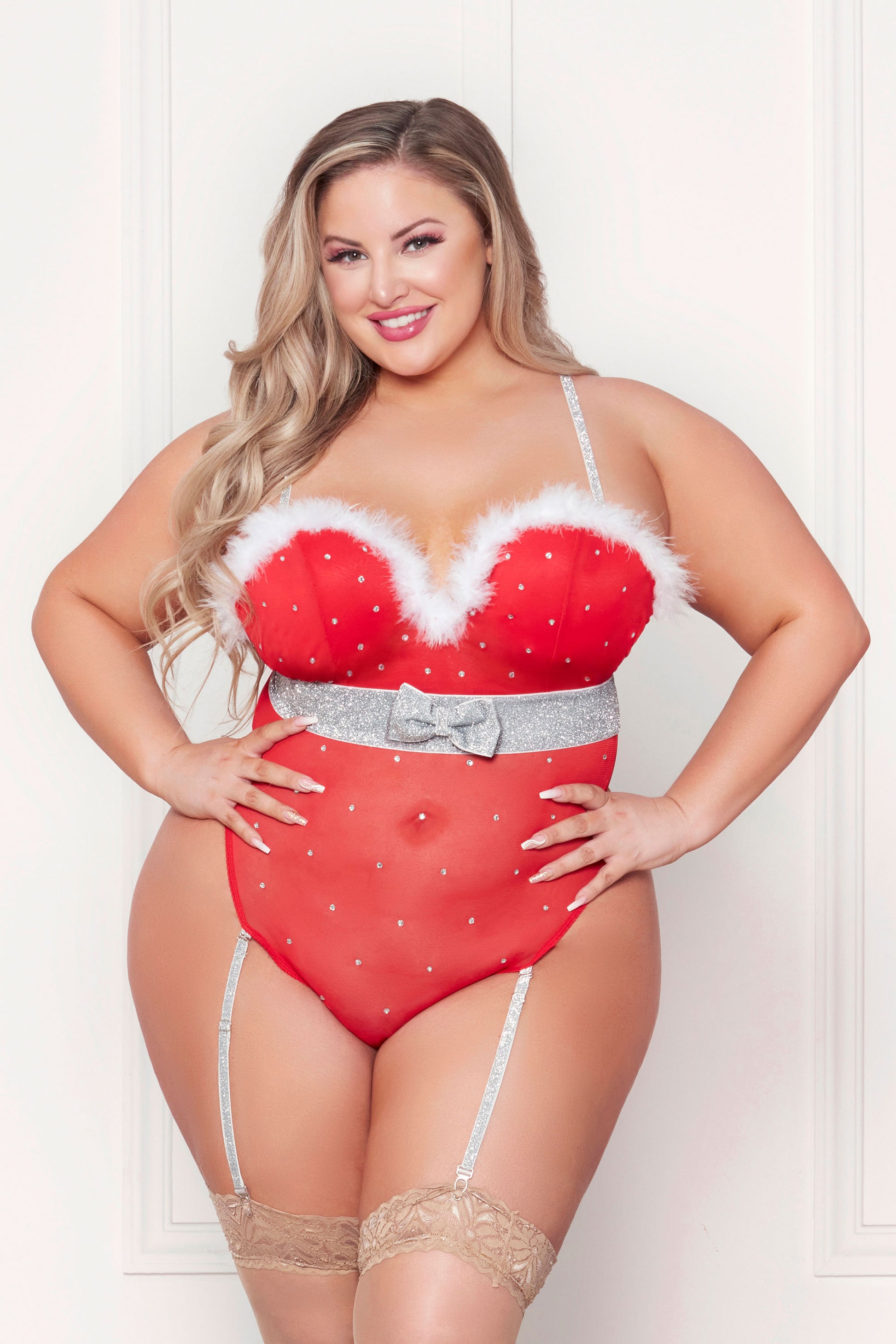 Rhinestone Studded Mesh Teddy With Marabou Trim - 3x/4x - Red | 840091731144 | Available at EroticWarehouse.com