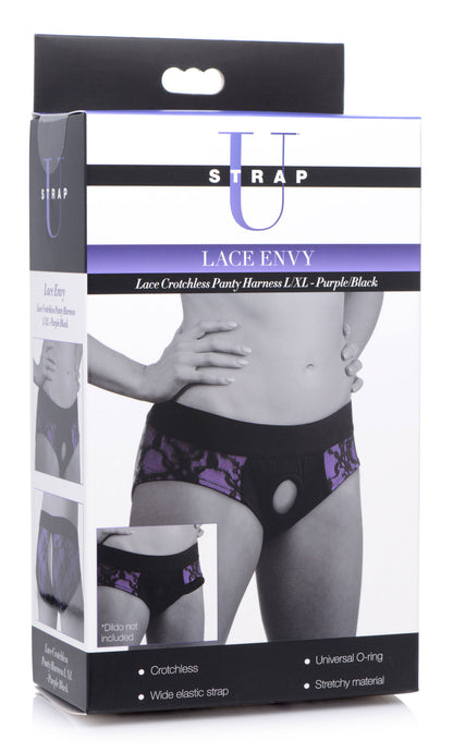Lace Envy Crotchless Panty Harness - S/ M Black and Purple | 848518037497 | Available at EroticWarehouse.com