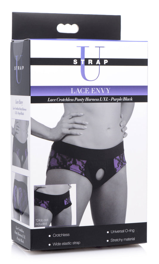 Lace Envy Crotchless Panty Harness - S/ M Black and Purple | 848518037497 | Available at EroticWarehouse.com