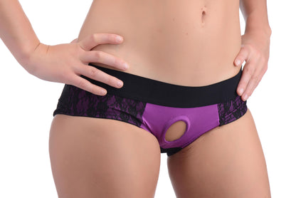Lace Envy Crotchless Panty Harness - S/ M Black and Purple | 848518037497 | Available at EroticWarehouse.com