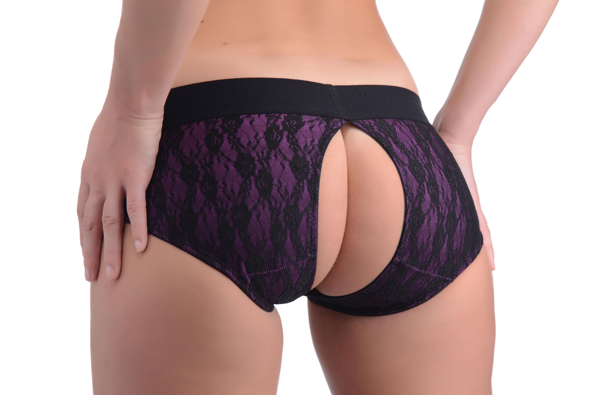 Lace Envy Crotchless Panty Harness - S/ M Black and Purple | 848518037497 | Available at EroticWarehouse.com