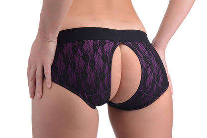 Lace Envy Crotchless Panty Harness - S/ M Black and Purple | 848518037497 | Available at EroticWarehouse.com