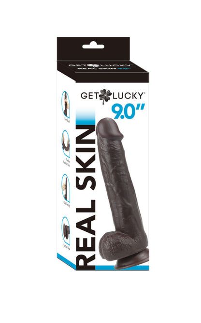 Get Lucky 9 Inch Real Skin Dildo - Dark Brown | 810046850619 | Available at EroticWarehouse.com