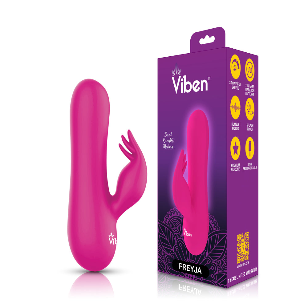 Freyja - Hot Pink - Intense Mini Rabbit Vibe With Triple Tickling Clitoral Stimulator | 810080750296 | Available at EroticWarehouse.com