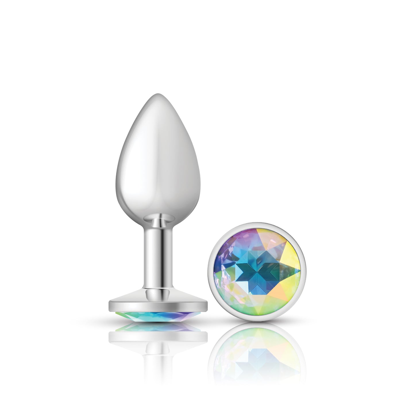 Cheeky Charms-Silver Metal Butt Plug- Round-Clear-Small | 850018691147 | Available at EroticWarehouse.com