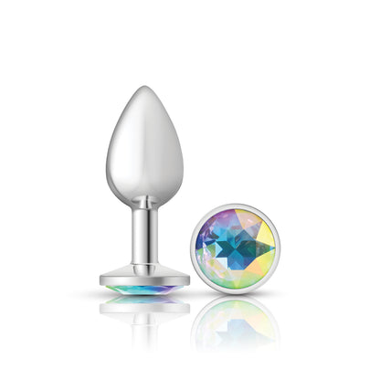 Cheeky Charms-Silver Metal Butt Plug- Round-Clear-Small | 850018691147 | Available at EroticWarehouse.com