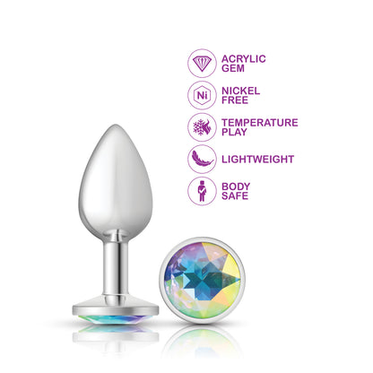 Cheeky Charms-Silver Metal Butt Plug- Round-Clear-Small | 850018691147 | Available at EroticWarehouse.com