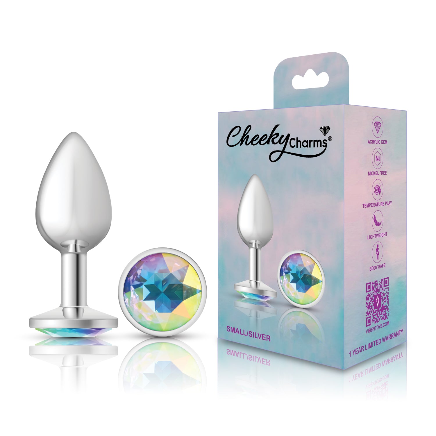Cheeky Charms-Silver Metal Butt Plug- Round-Clear-Small | 850018691147 | Available at EroticWarehouse.com