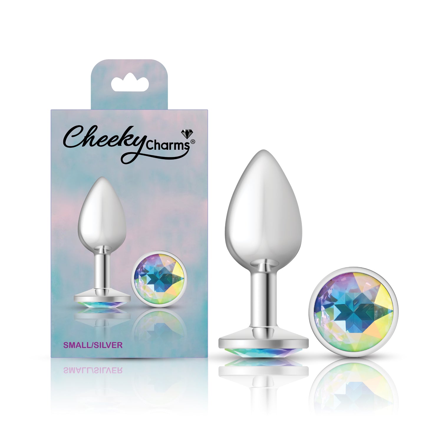 Cheeky Charms-Silver Metal Butt Plug- Round-Clear-Small | 850018691147 | Available at EroticWarehouse.com