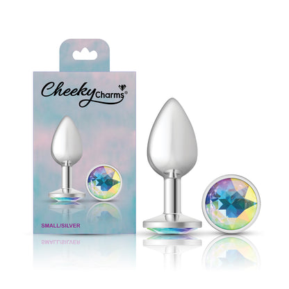 Cheeky Charms-Silver Metal Butt Plug- Round-Clear-Small | 850018691147 | Available at EroticWarehouse.com