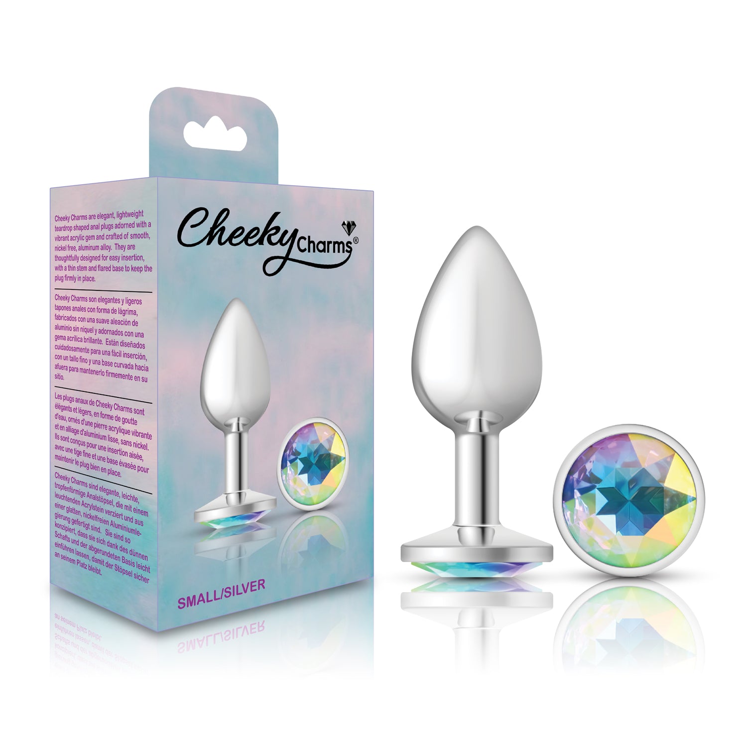 Cheeky Charms-Silver Metal Butt Plug- Round-Clear-Small | 850018691147 | Available at EroticWarehouse.com