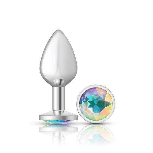 Cheeky Charms-Silver Metal Butt Plug- Round-Clear-Medium | 850018691154 | Available at EroticWarehouse.com