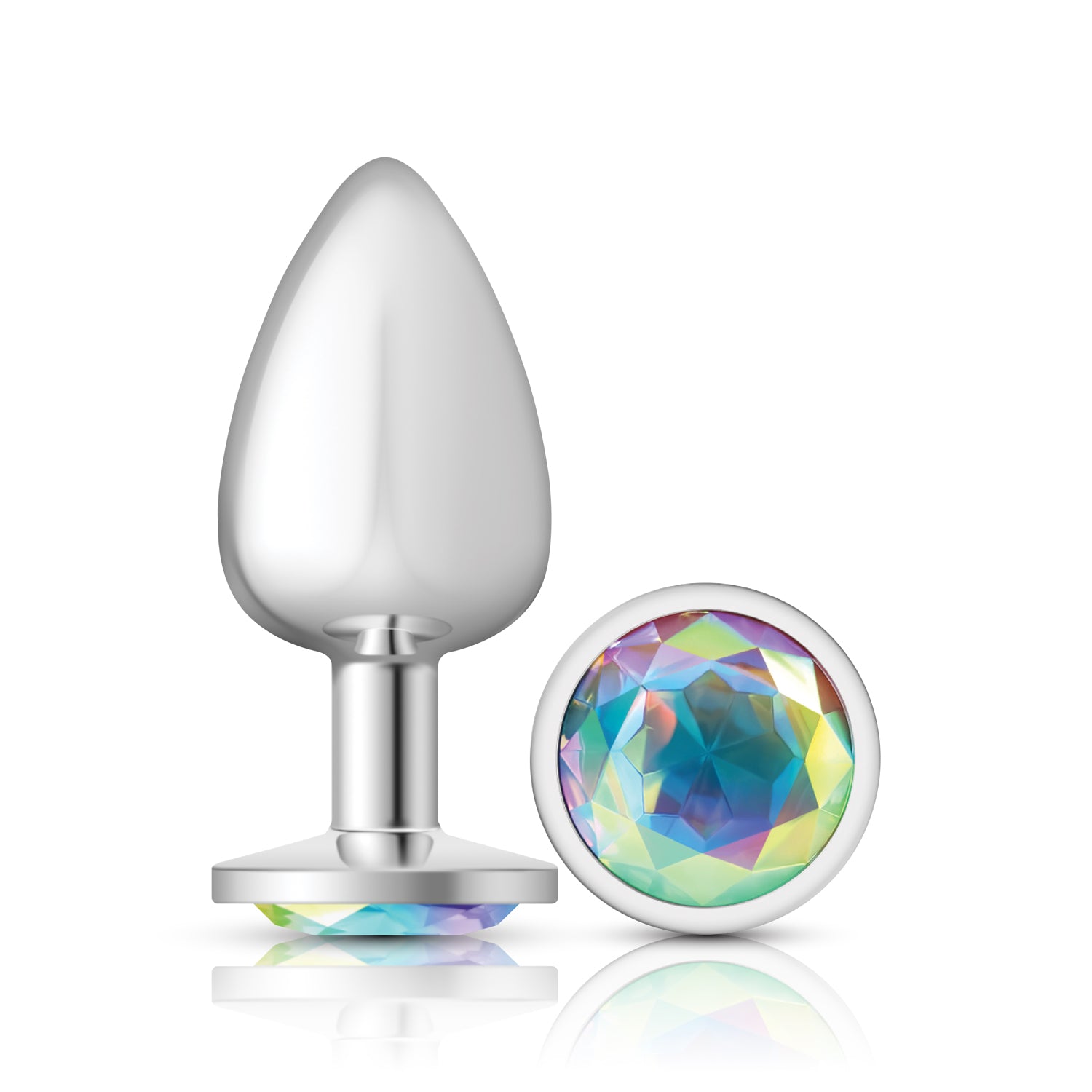 Cheeky Charms-Silver Metal Butt Plug- Round-Clear-Large | 850018691161 | Available at EroticWarehouse.com