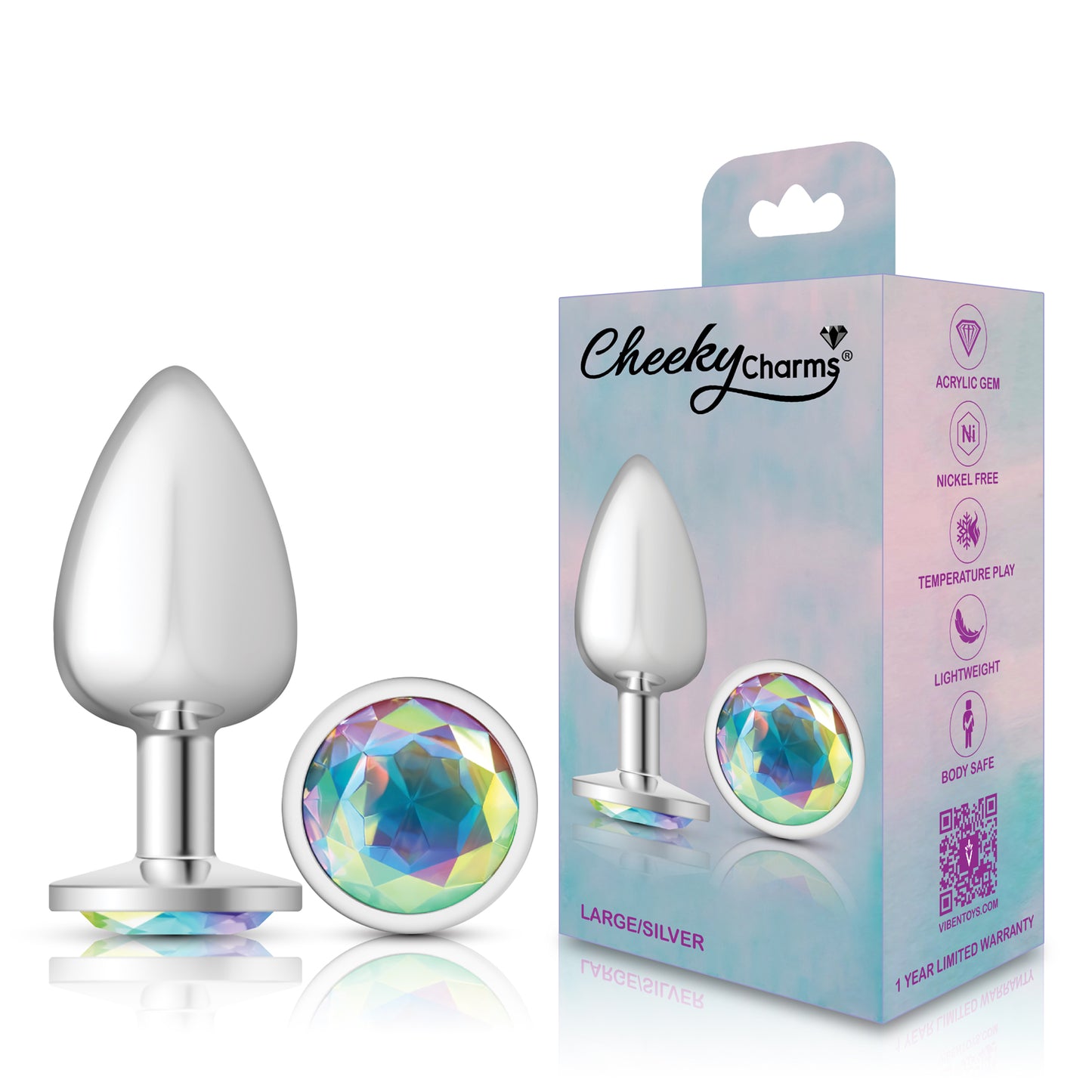 Cheeky Charms-Silver Metal Butt Plug- Round-Clear-Large | 850018691161 | Available at EroticWarehouse.com