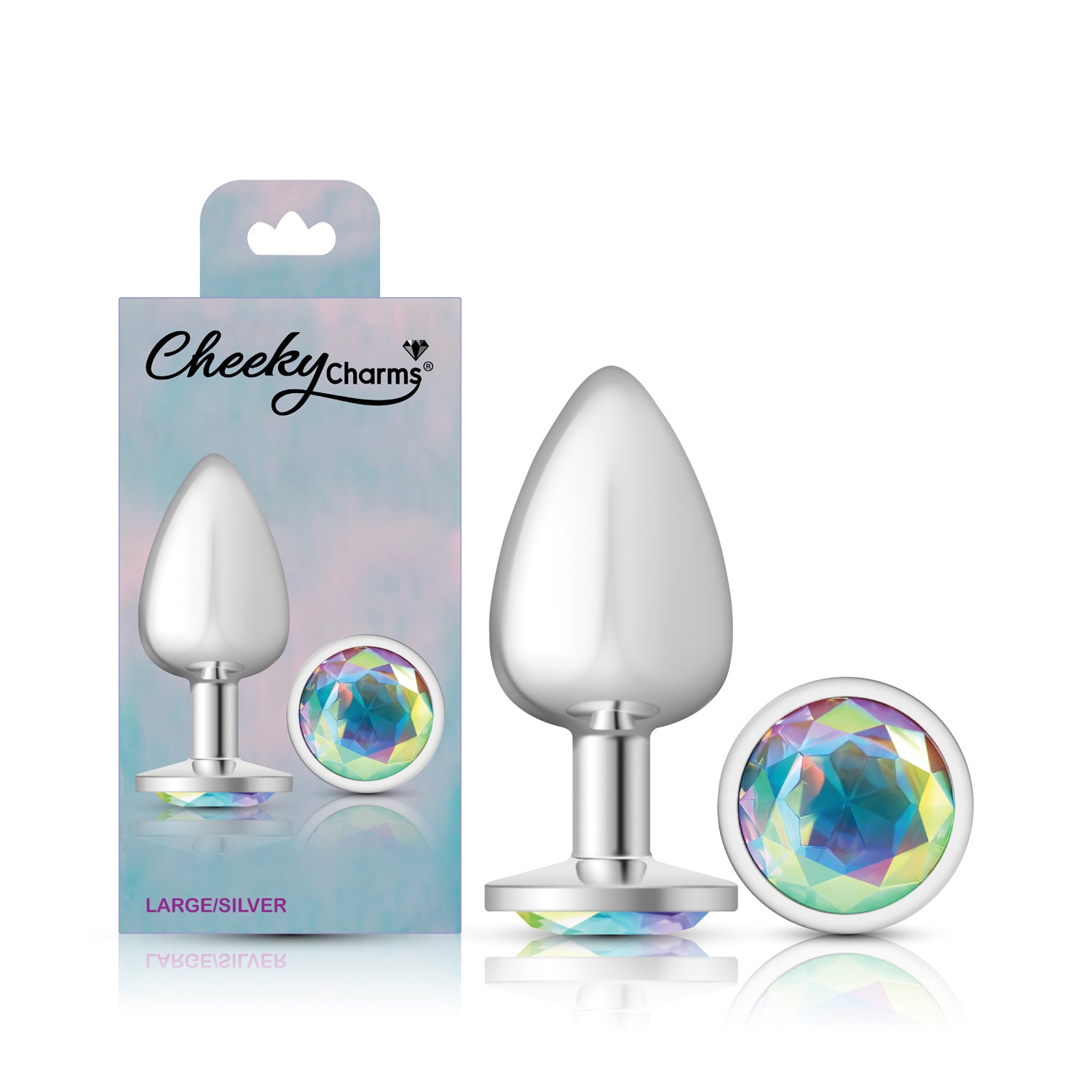Cheeky Charms-Silver Metal Butt Plug- Round-Clear-Large | 850018691161 | Available at EroticWarehouse.com