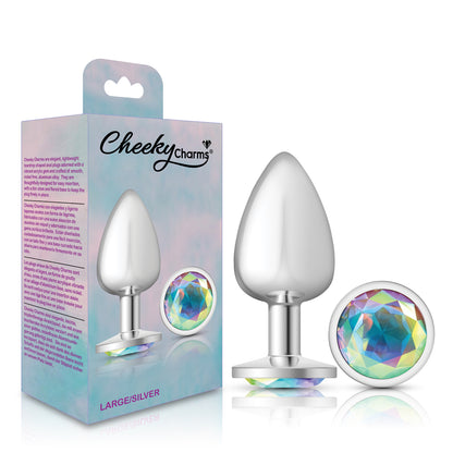 Cheeky Charms-Silver Metal Butt Plug- Round-Clear-Large | 850018691161 | Available at EroticWarehouse.com