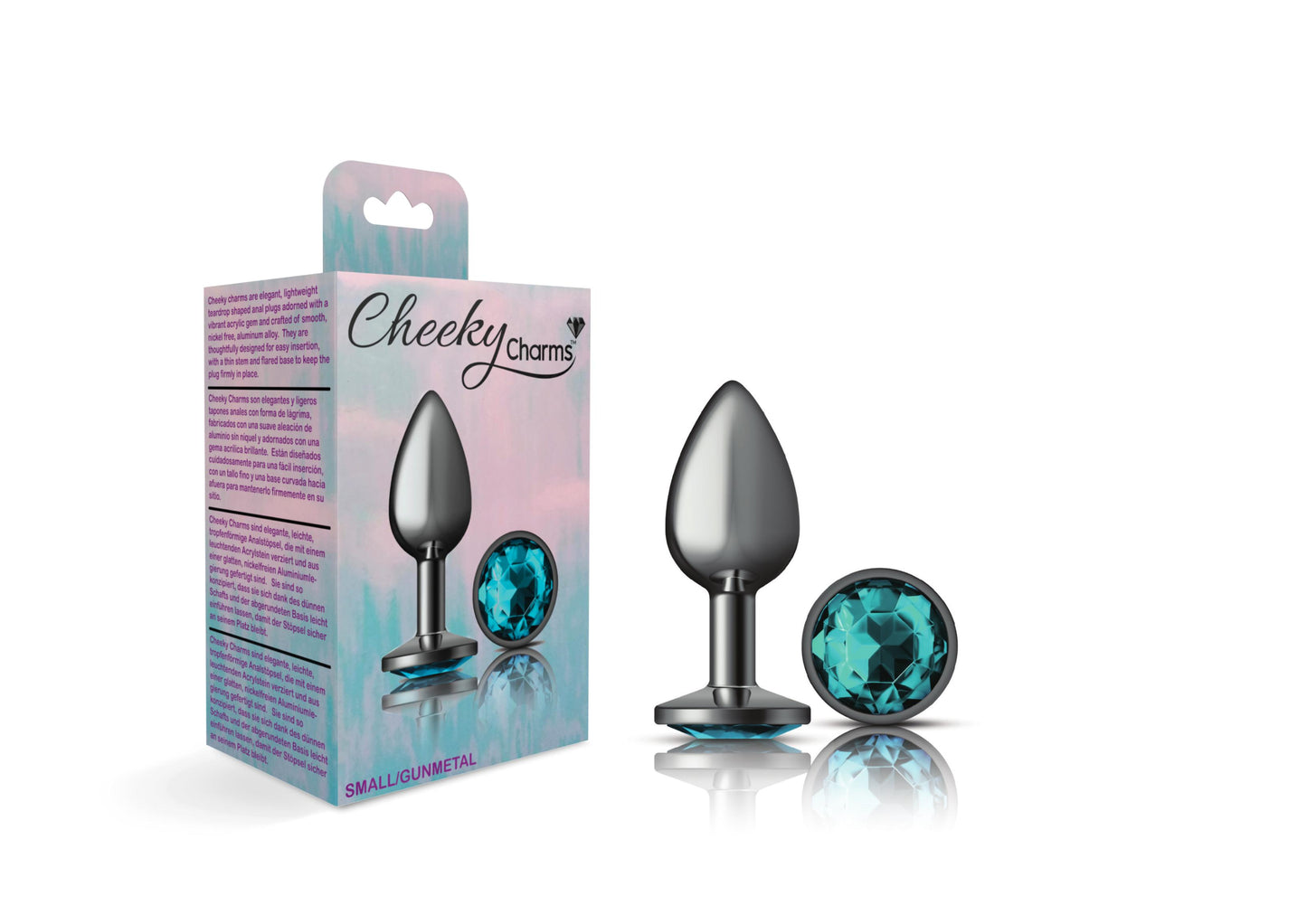 Cheeky Charms-Gunmetal Metal Butt Plug- Round-Teal-Small | 850018691208 | Available at EroticWarehouse.com
