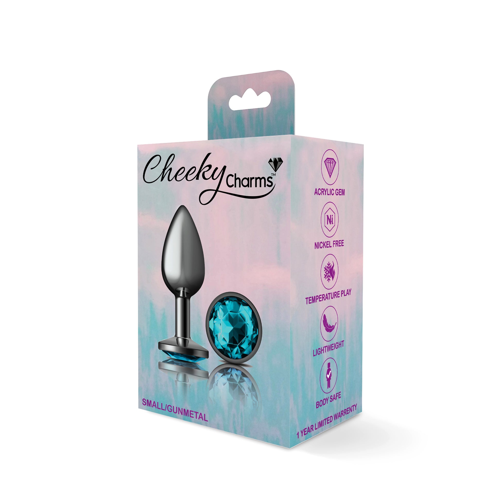 Cheeky Charms-Gunmetal Metal Butt Plug- Round-Teal-Small | 850018691208 | Available at EroticWarehouse.com