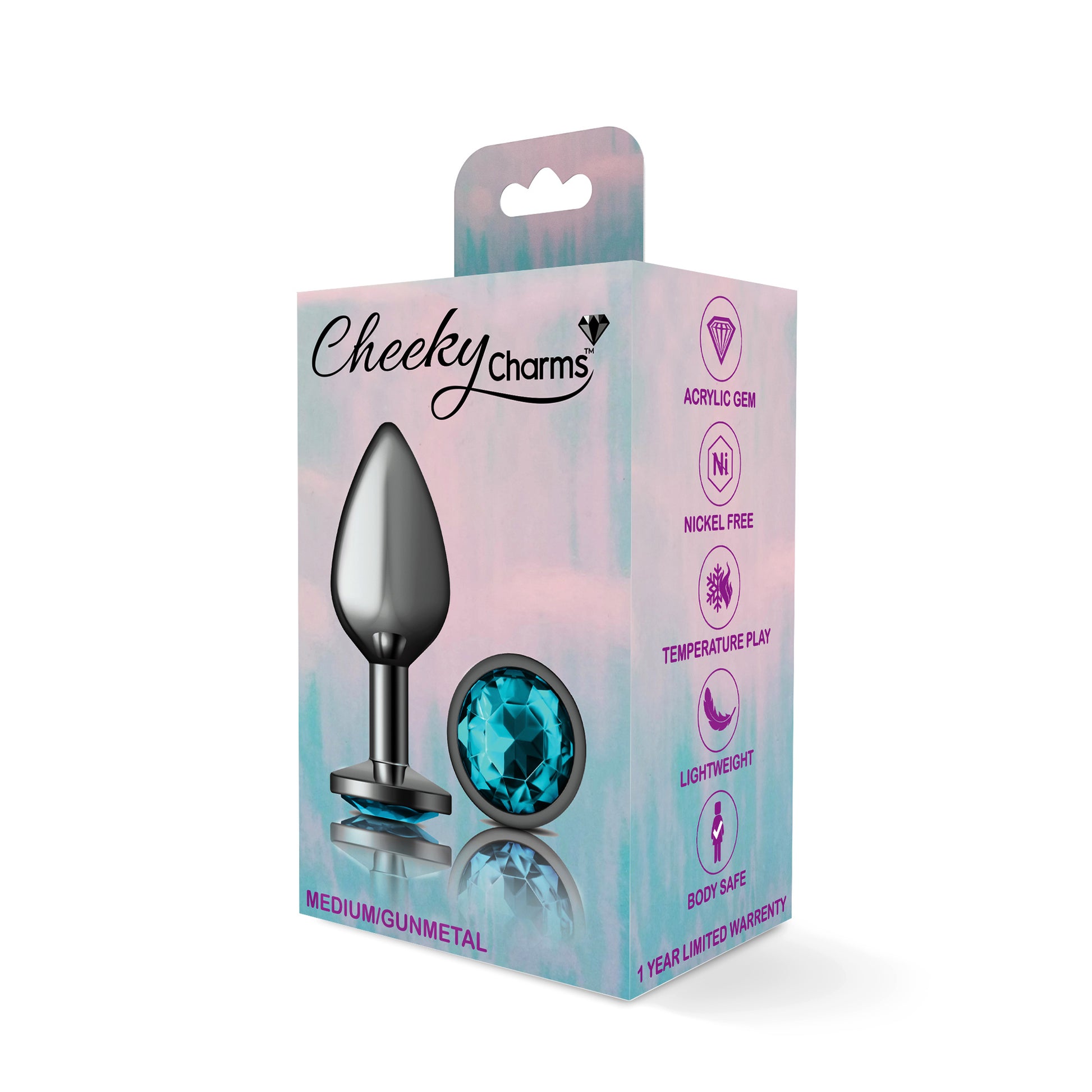 Cheeky Charms-Gunmetal Metal Butt Plug- Round-Teal-Medium | 850018691215 | Available at EroticWarehouse.com