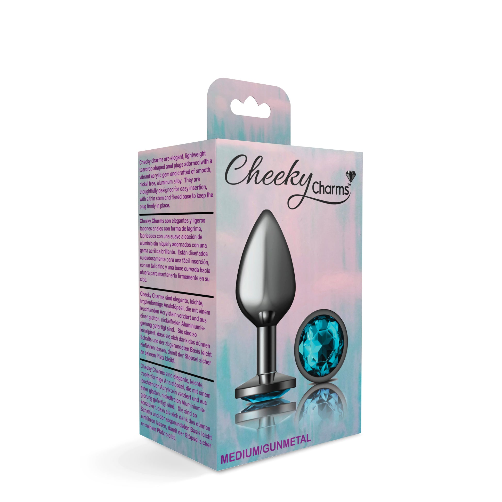 Cheeky Charms-Gunmetal Metal Butt Plug- Round-Teal-Medium | 850018691215 | Available at EroticWarehouse.com