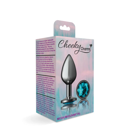 Cheeky Charms-Gunmetal Metal Butt Plug- Round-Teal-Medium | 850018691215 | Available at EroticWarehouse.com