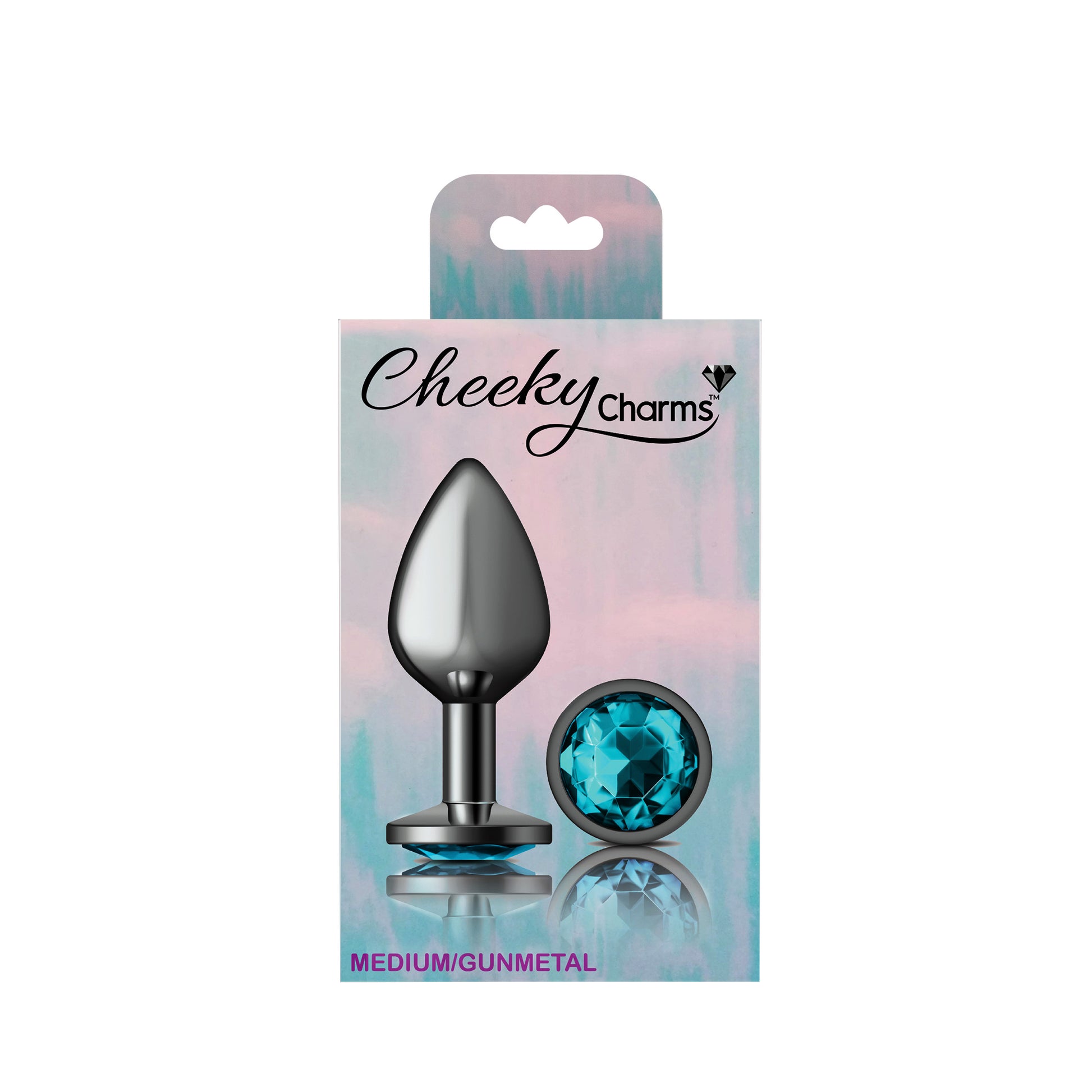 Cheeky Charms-Gunmetal Metal Butt Plug- Round-Teal-Medium | 850018691215 | Available at EroticWarehouse.com
