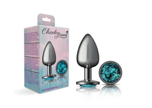 Cheeky Charms-Gunmetal Metal Butt Plug- Round-Teal-Large | 850018691222 | Available at EroticWarehouse.com
