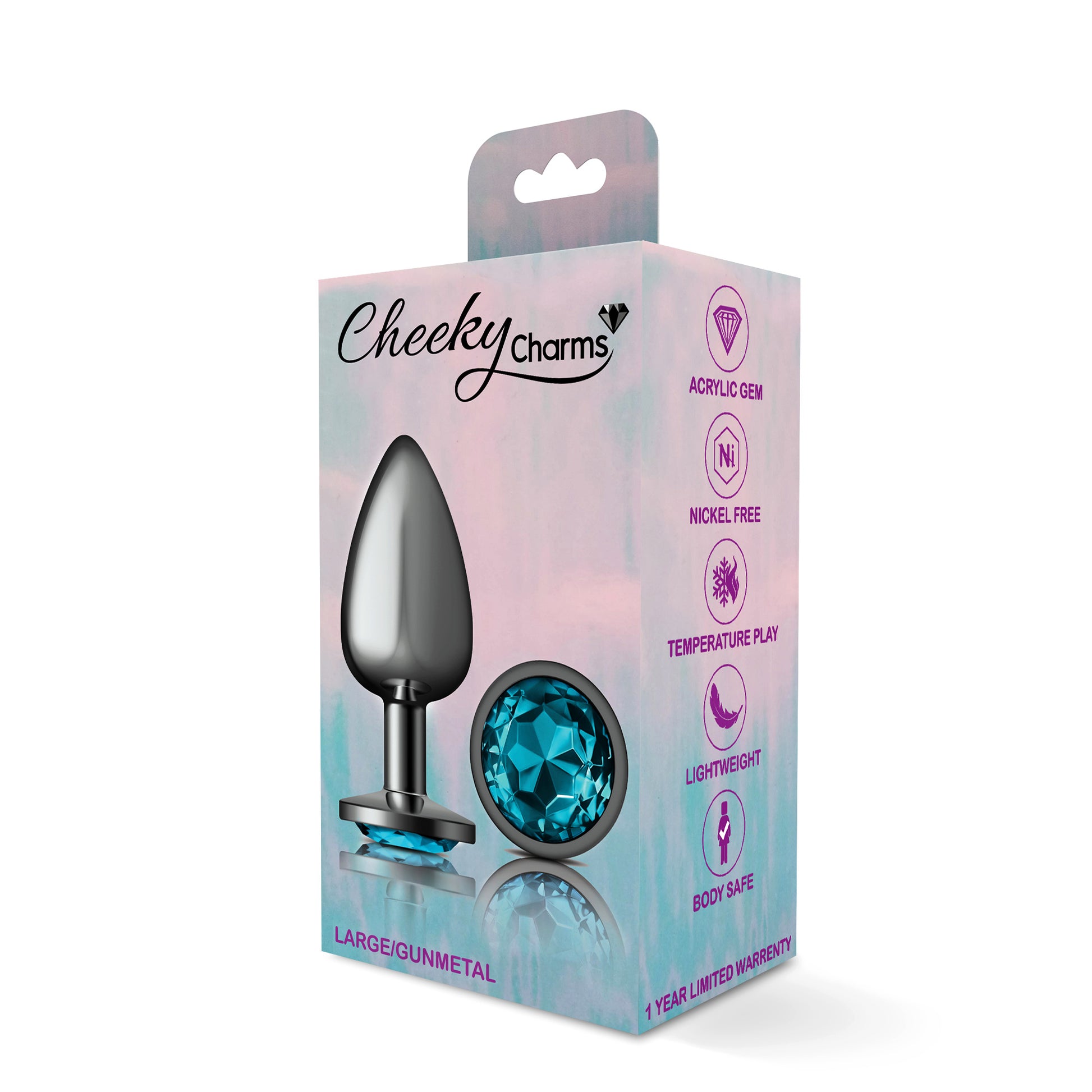 Cheeky Charms-Gunmetal Metal Butt Plug- Round-Teal-Large | 850018691222 | Available at EroticWarehouse.com