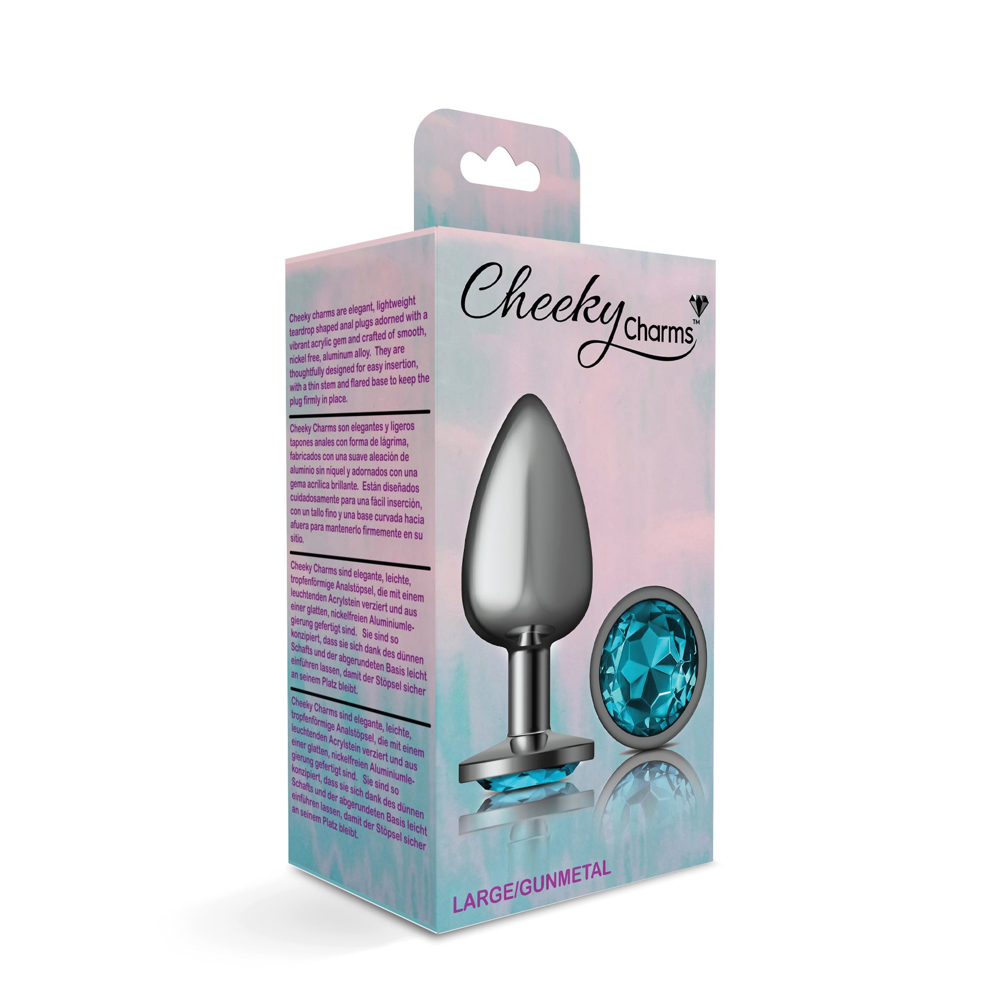 Cheeky Charms-Gunmetal Metal Butt Plug- Round-Teal-Large | 850018691222 | Available at EroticWarehouse.com