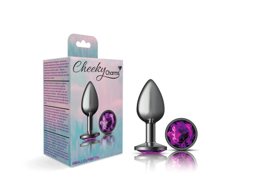 Cheeky Charms-Gunmetal Metal Butt Plug- Round-Deep Purple-Small | 850018691239 | Available at EroticWarehouse.com